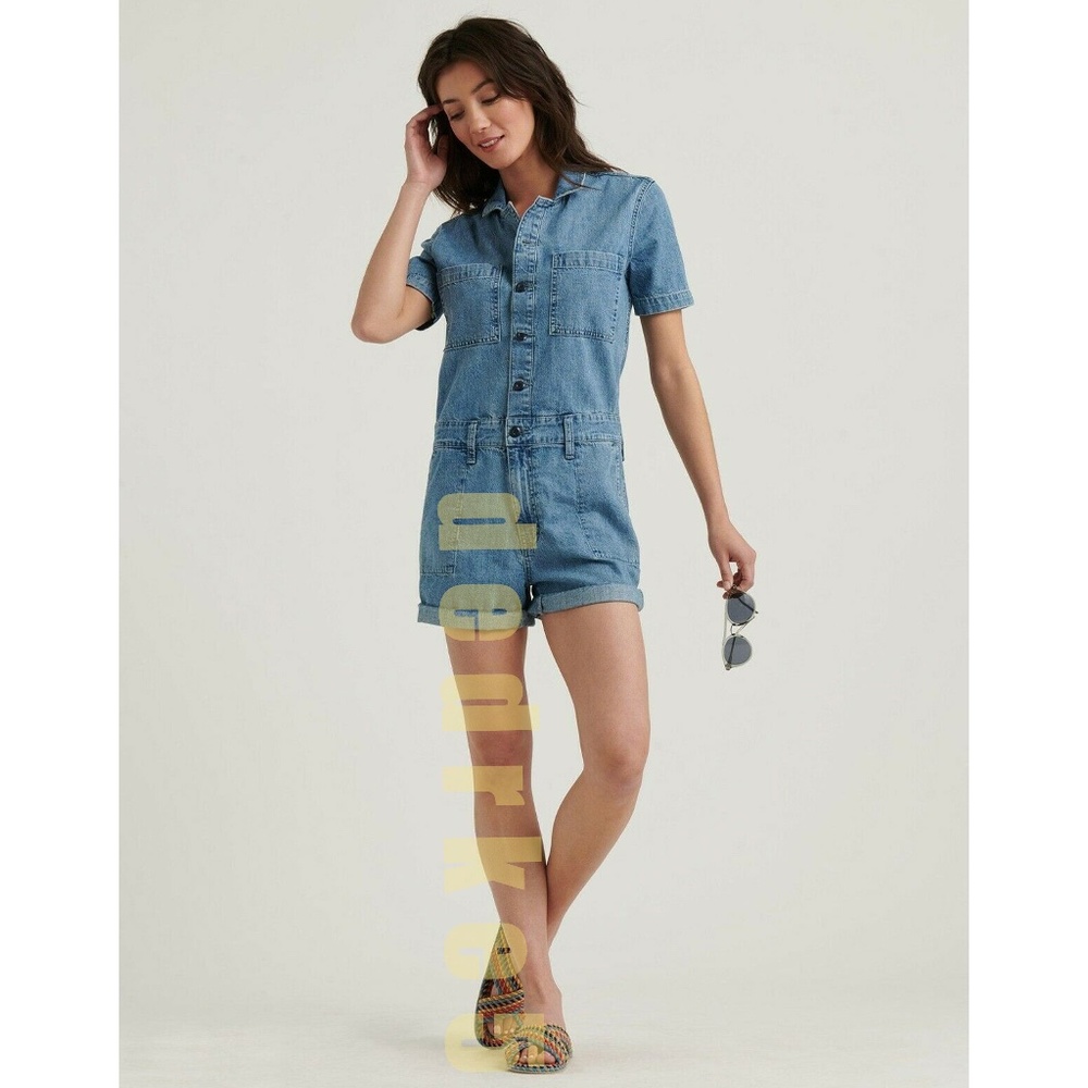 NWT Lucky Brand Indigo Women Denim Jean Romper Jumpsuit Short SIZE L RETAIL$89.5